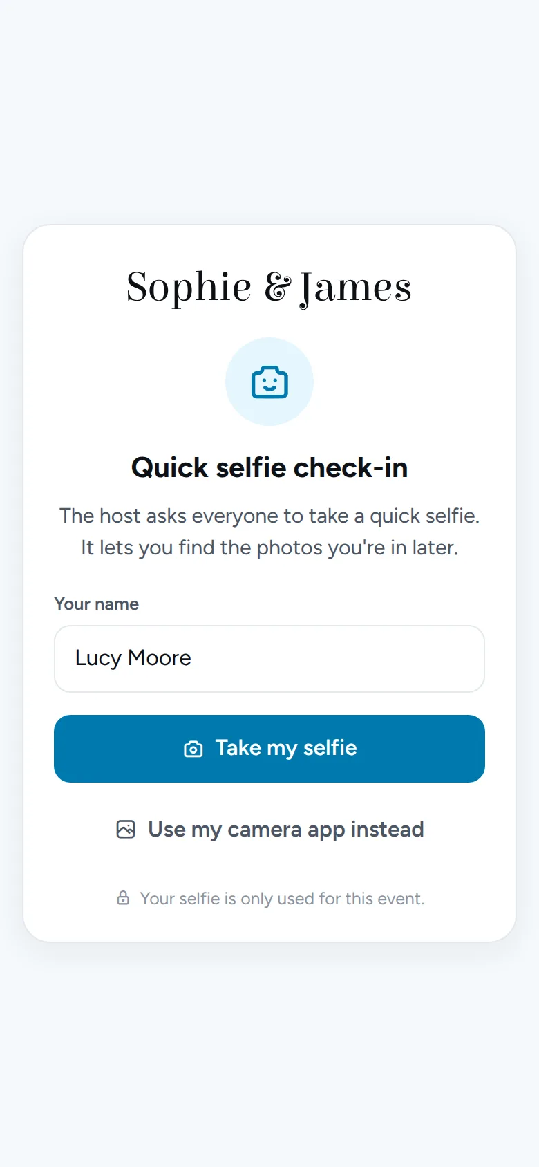 Selfie-Check-in, damit Gäste die Fotos finden, auf denen sie zu sehen sind