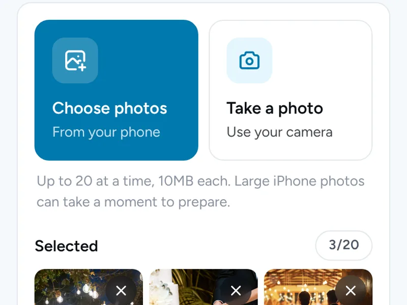 A guest choosing photos to upload on their phone