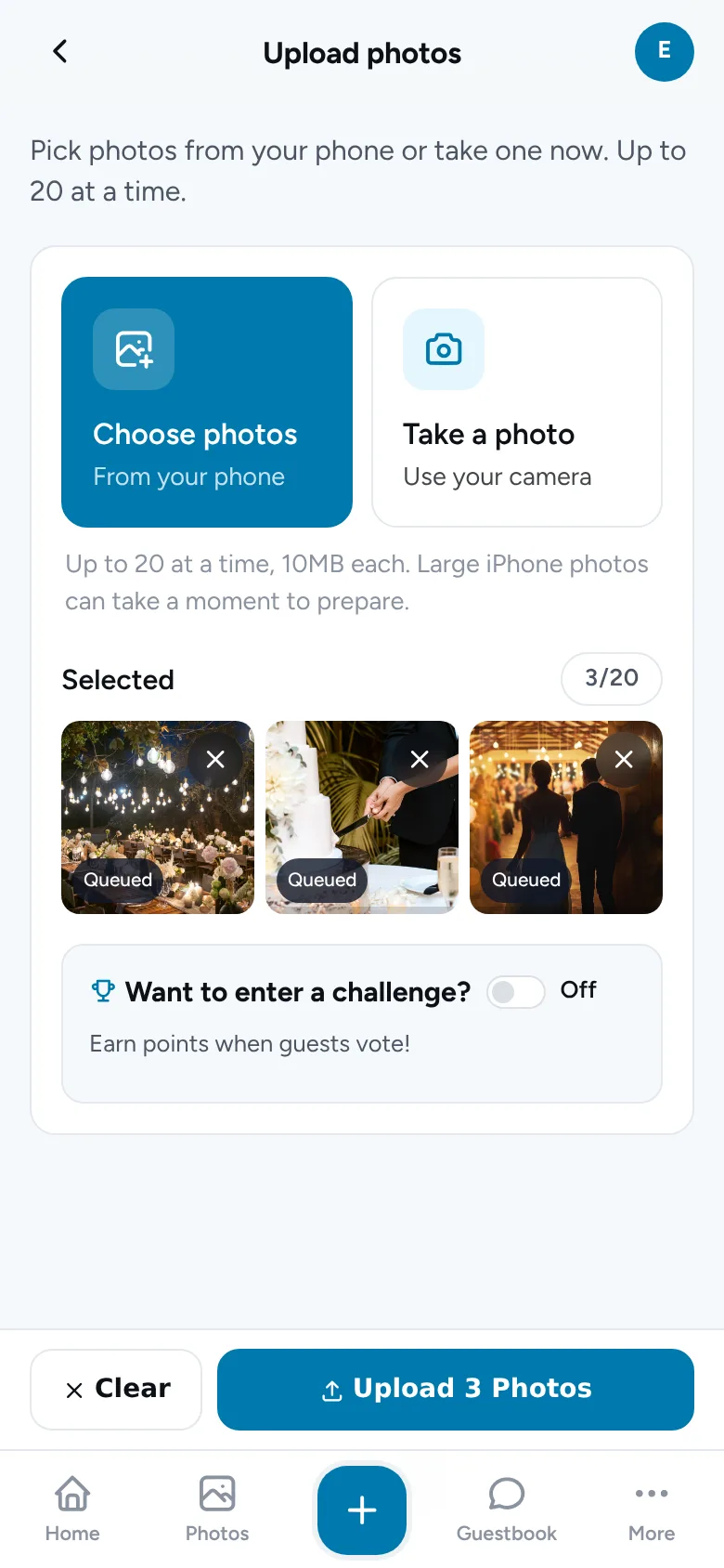 A guest choosing photos to upload on their phone